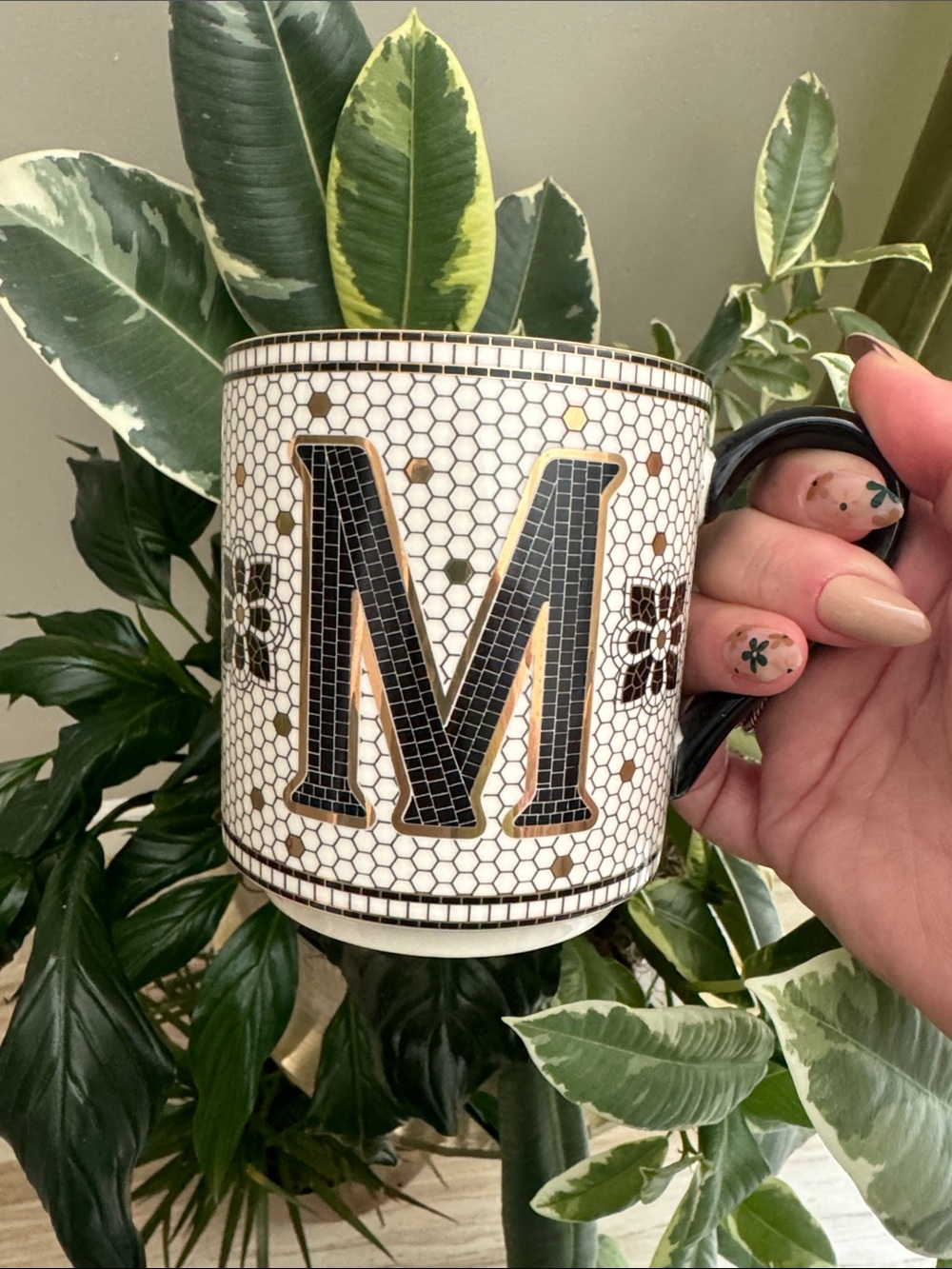 Anthropologie Black and Gold Monogram M Ceramic Mug